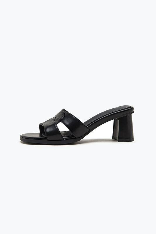 Block Heel Slip-On Sandals with Wide Straps - Black