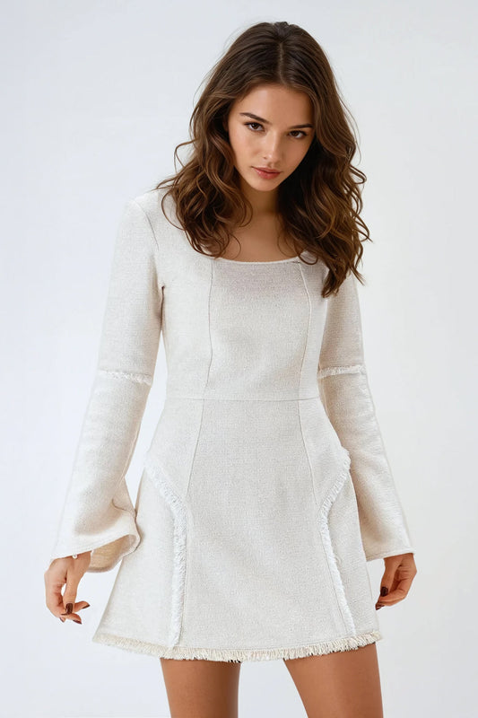 A-Line Mini Dress with Bell Sleeves - White