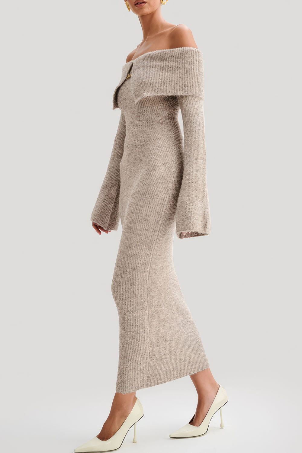 Off-Shoulder Knit Midi Dress with Bell Sleeves