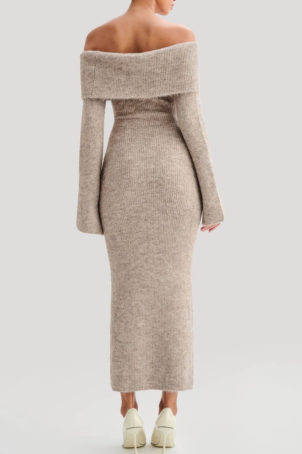 Off-Shoulder Knit Midi Dress with Bell Sleeves