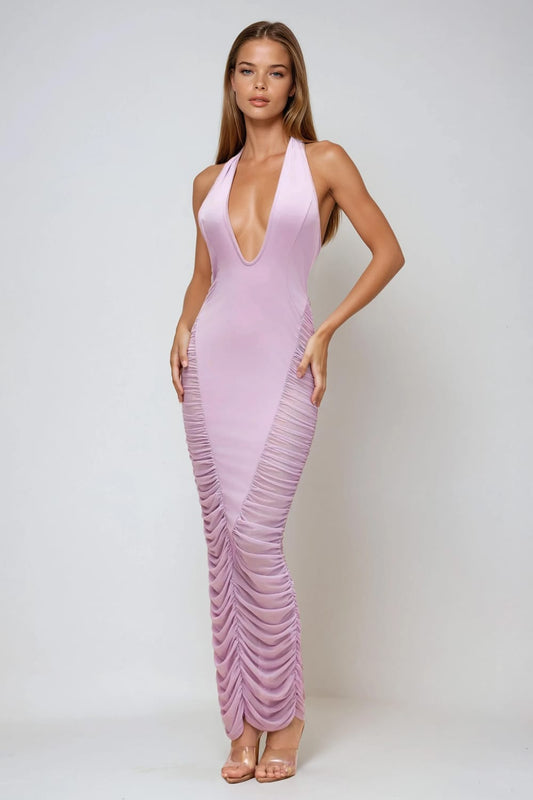 Ruched Halter Open Back Maxi Dress - Purple