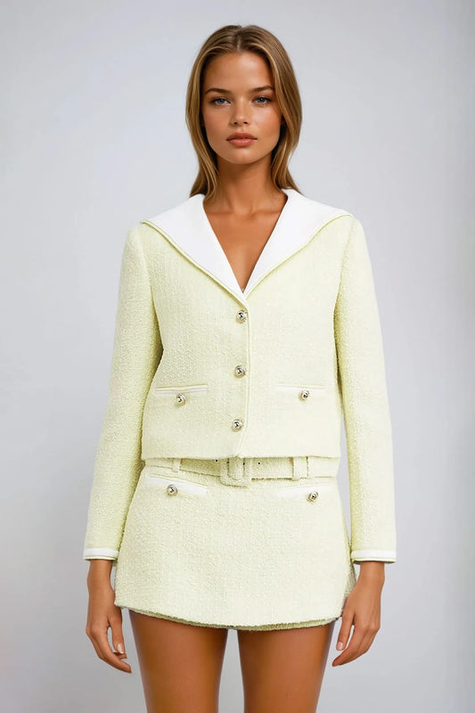 Two-Piece Set with Contrast Collar Jacket and Mini Skirt - Yellow