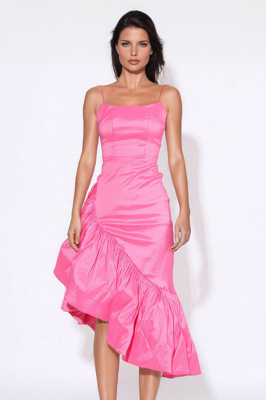 Oversized Asymmetrical Ruffled Midi Dress - Pink