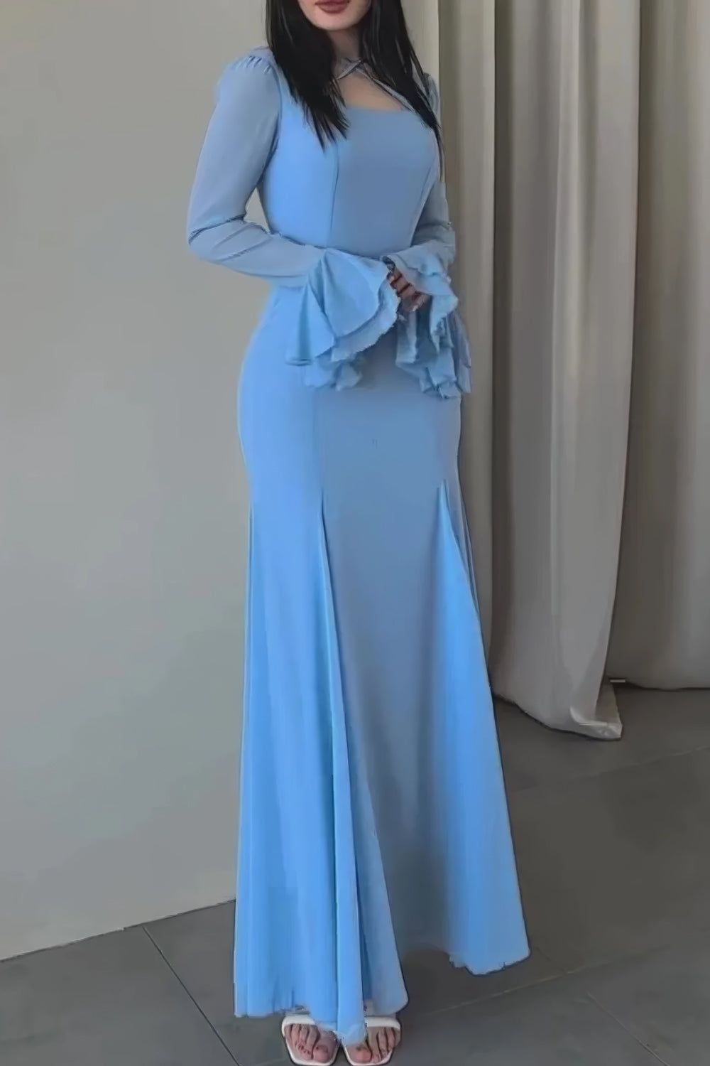 Flared Sleeve Maxi Dress with Cross-Strap Detail