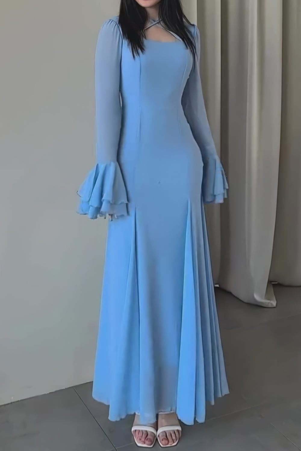 Flared Sleeve Maxi Dress with Cross-Strap Detail