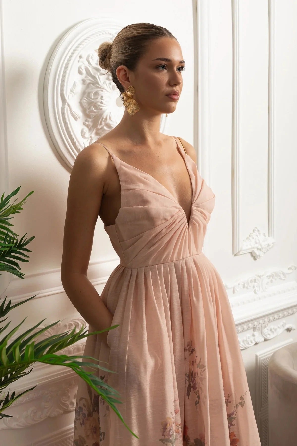 Floral Trim Midi Dress With Ruched Bodice - Pink