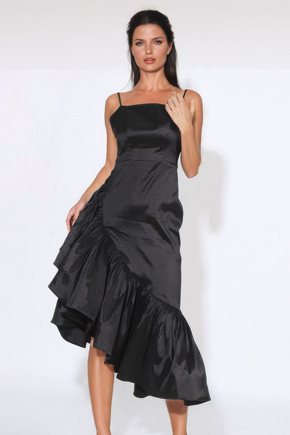 Oversized Asymmetrical Ruffled Midi Dress - Black