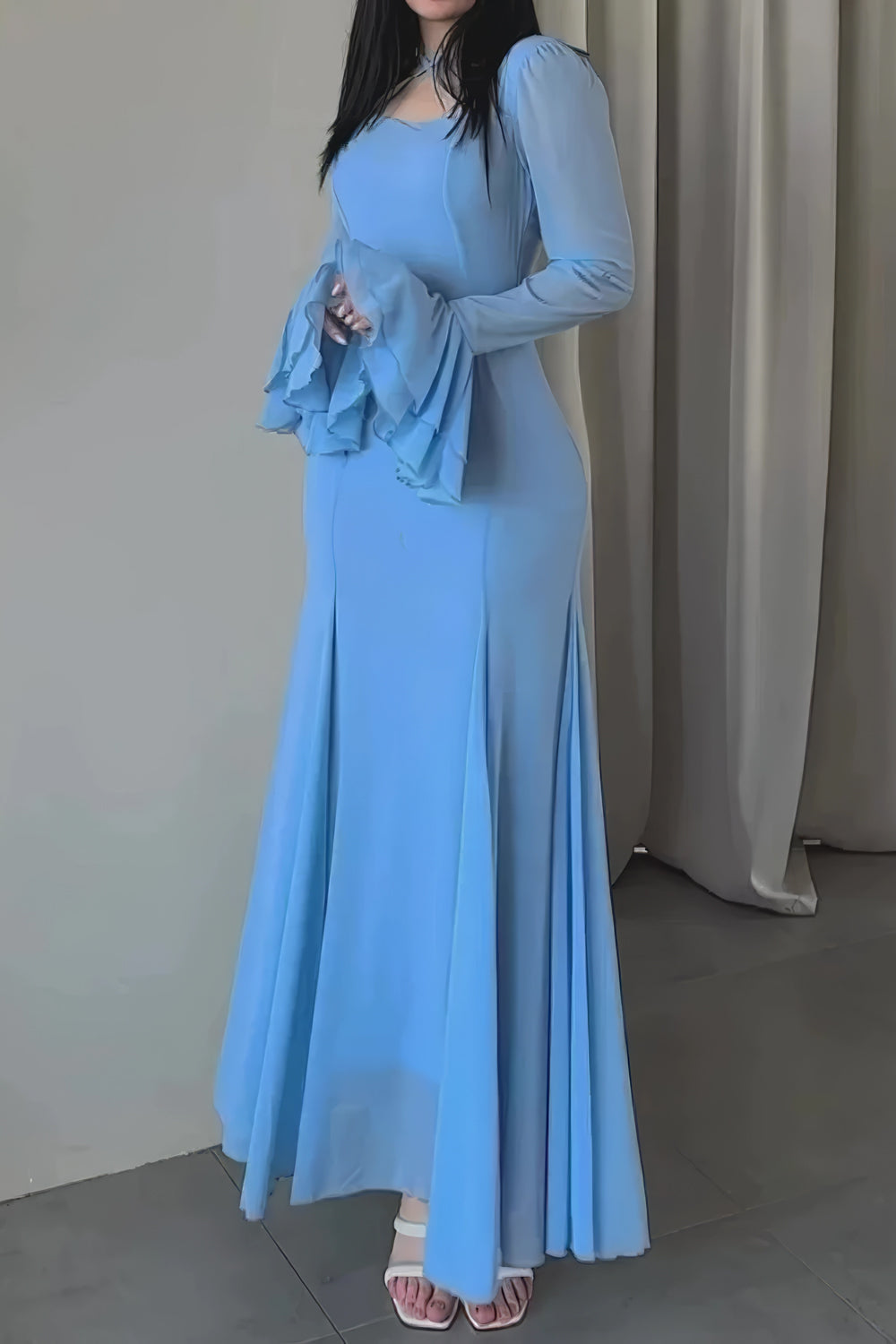 Flared Sleeve Maxi Dress with Cross-Strap Detail