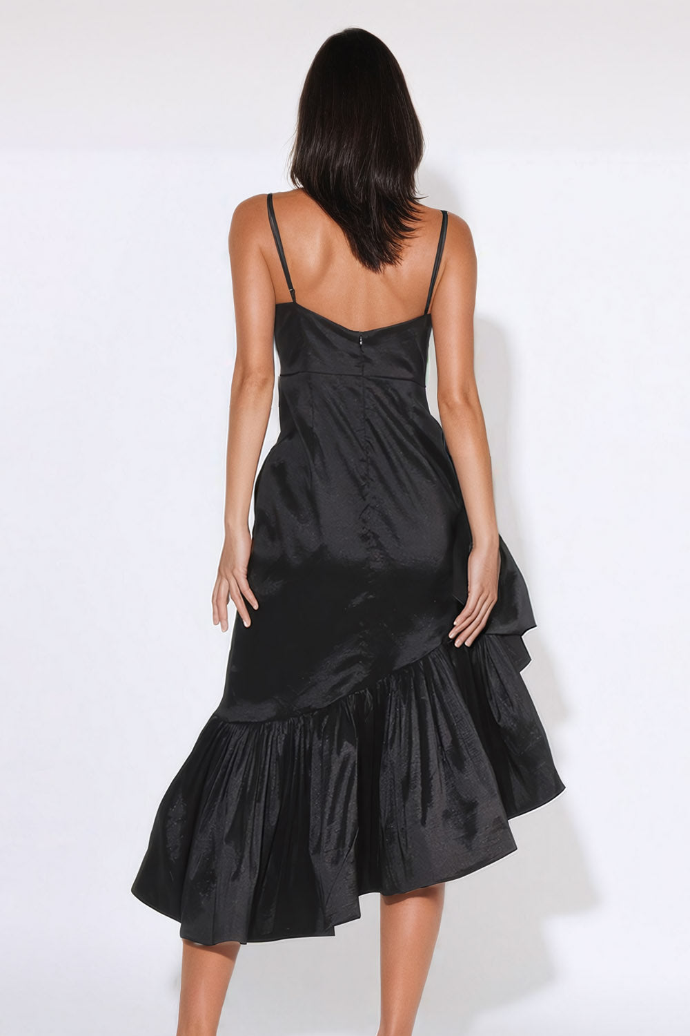 Oversized Asymmetrical Ruffled Midi Dress - Black