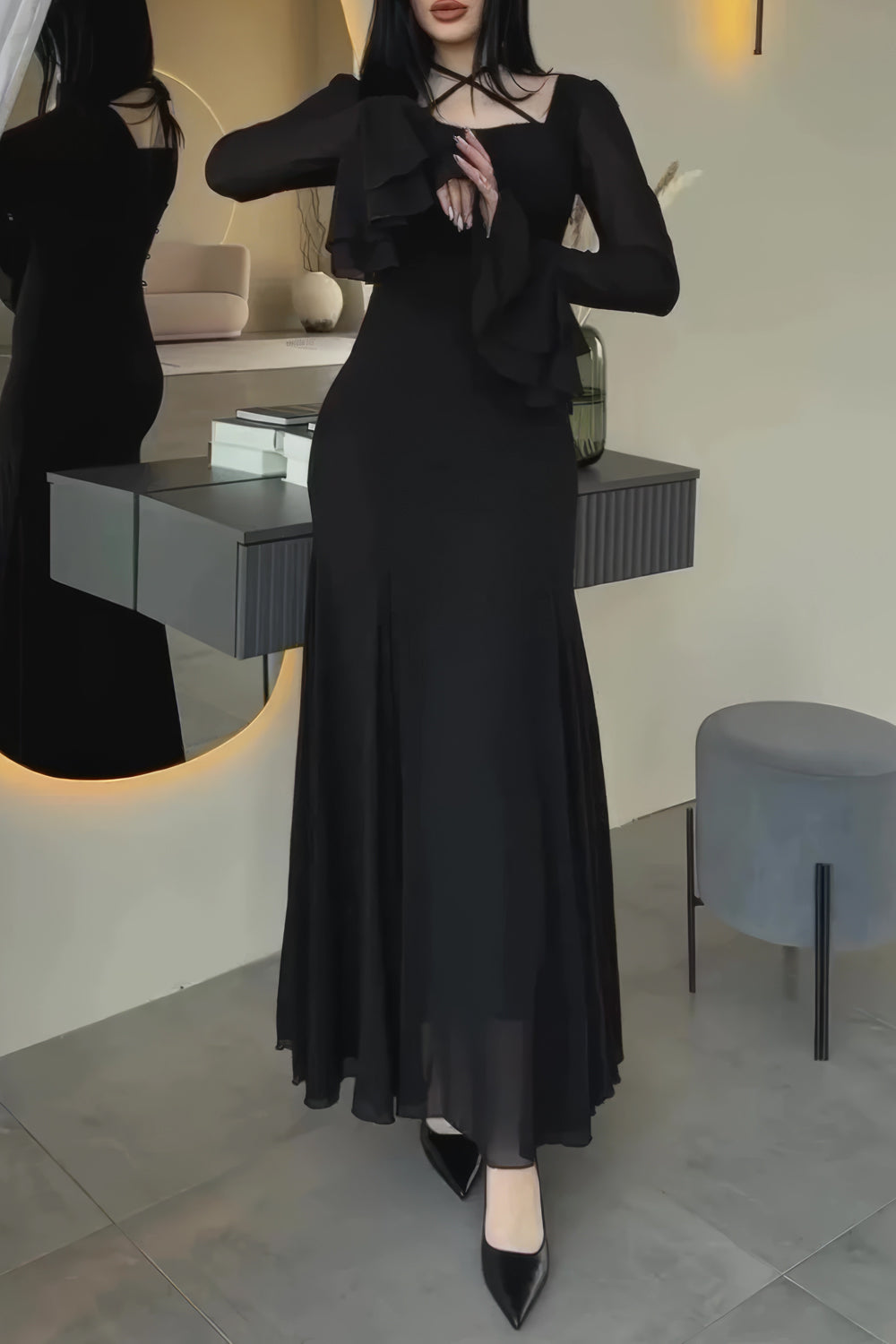Flared Sleeve Maxi Dress with Cross-Strap Detail