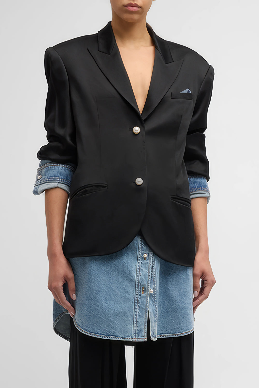 Dual-Layered Blazer with Denim Accents - Black