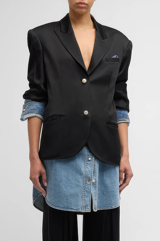 Dual-Layered Blazer with Denim Accents - Black