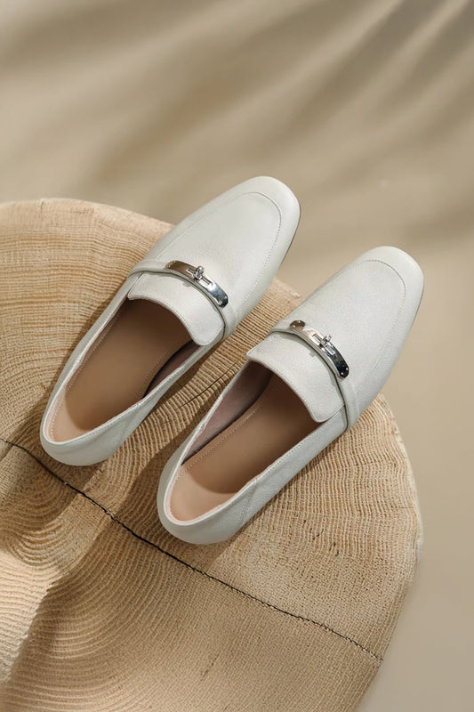 Flat Loafers with Silver Accent Strap - Beige
