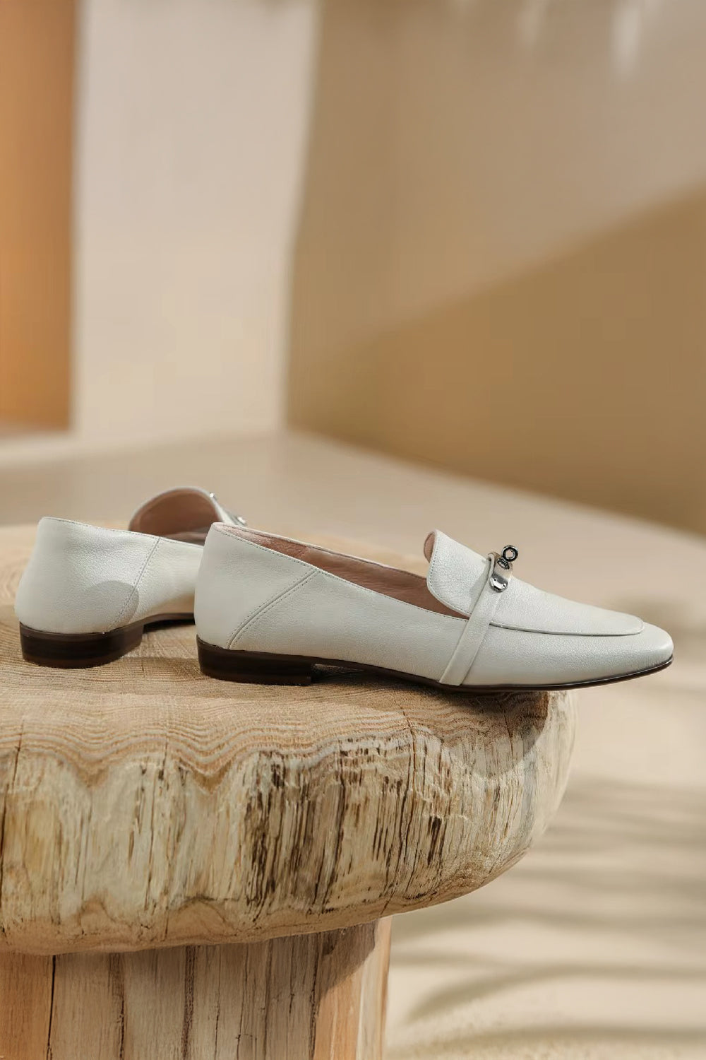 Flat Loafers with Silver Accent Strap - Beige