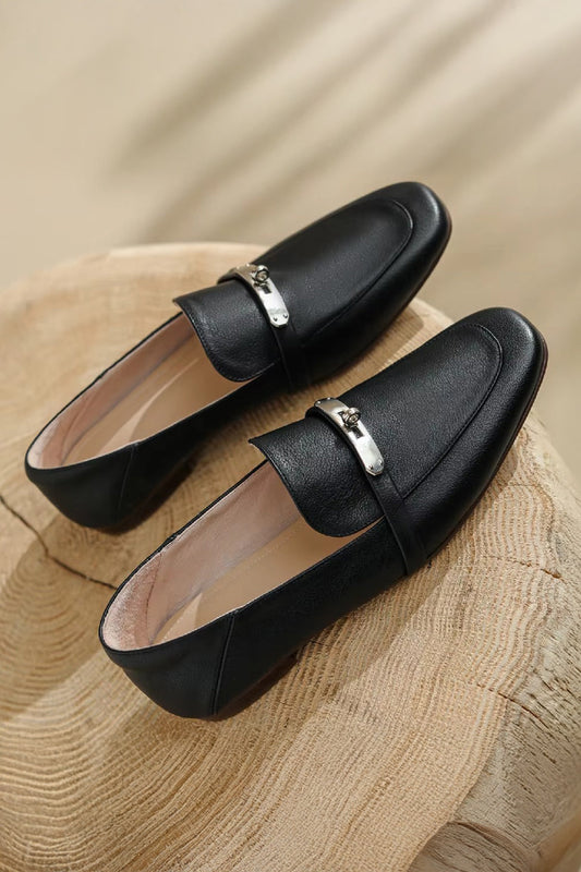 Flat Loafers with Silver Accent Strap - Black