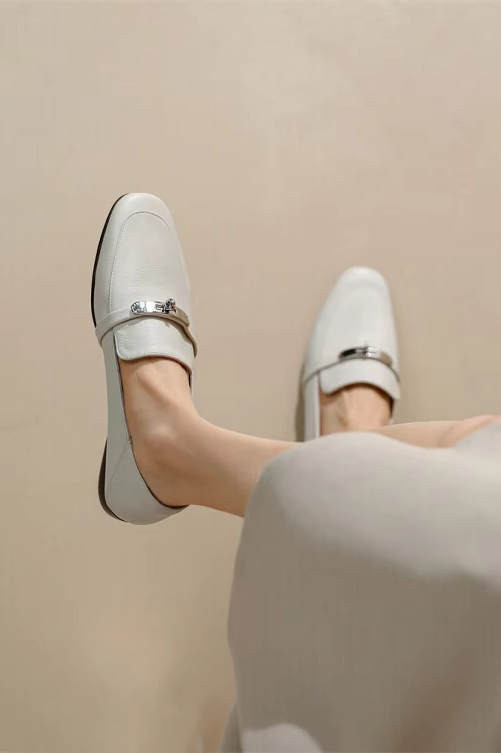 Flat Loafers with Silver Accent Strap - Beige