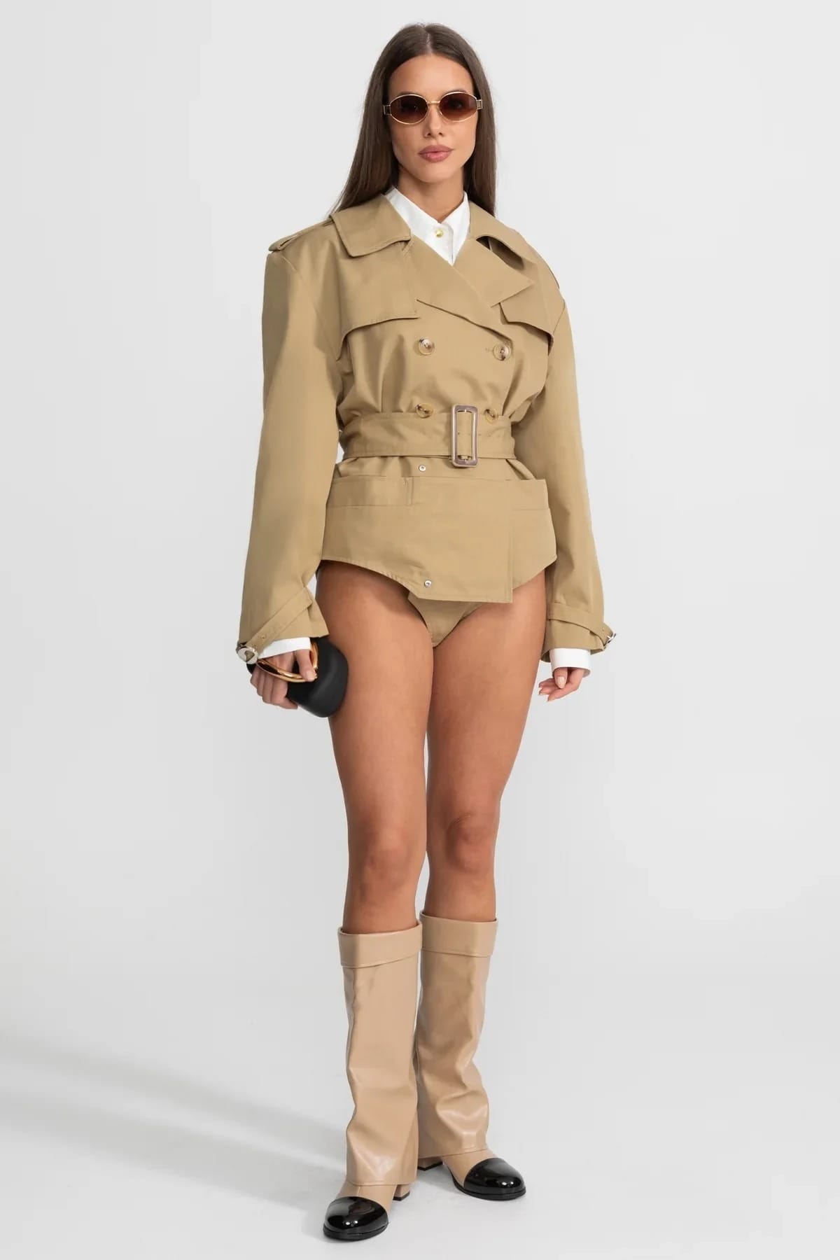Double-Breasted Belted Bodysuit - Khaki