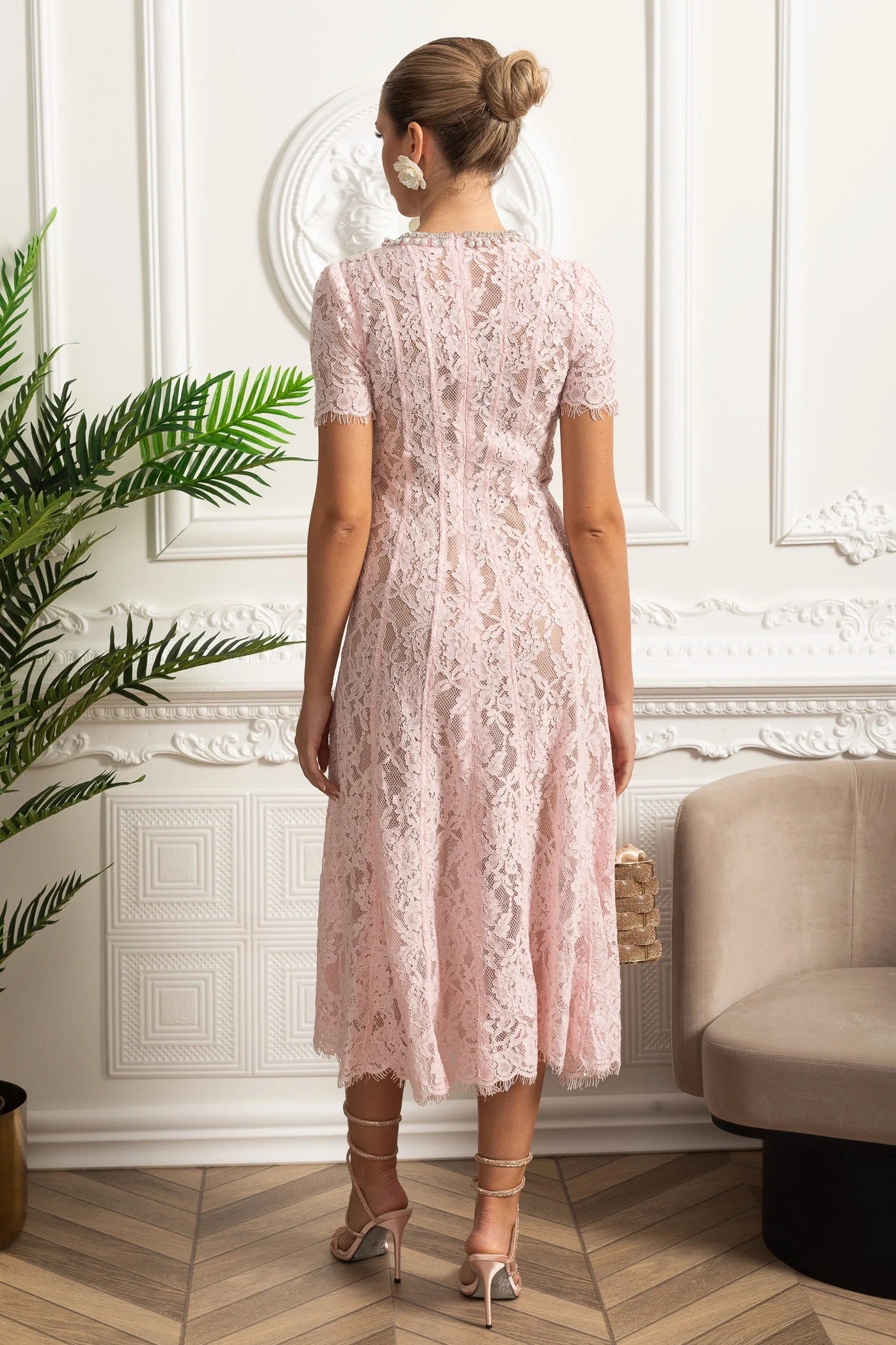 Embellished Lace Midi Dress With Sheer Sleeves - Pink