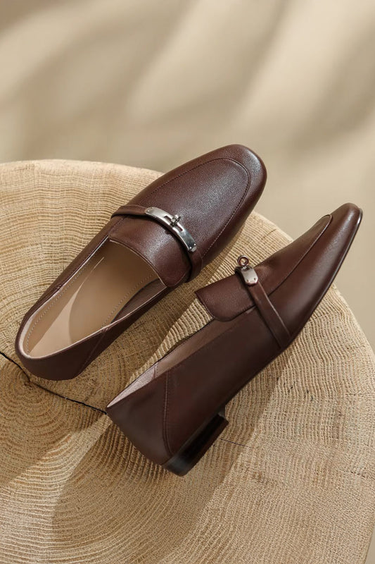 Flat Loafers with Silver Accent Strap - Brown