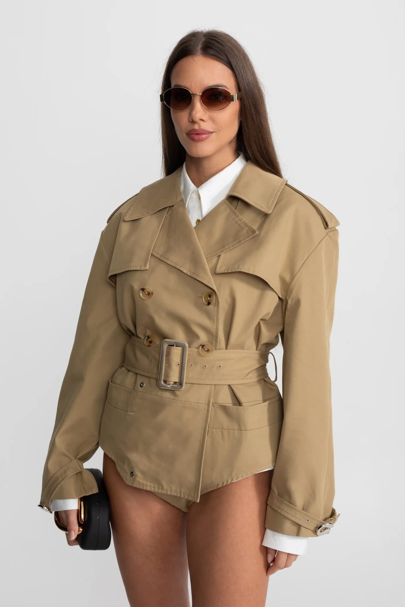 Double-Breasted Belted Bodysuit - Khaki