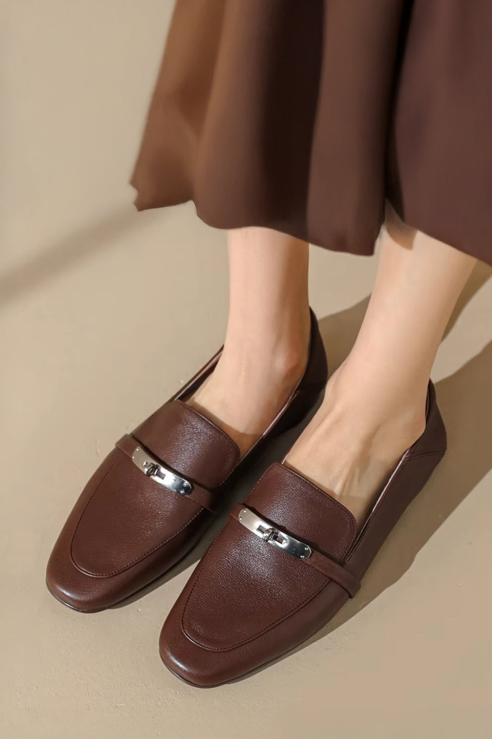 Flat Loafers with Silver Accent Strap - Brown