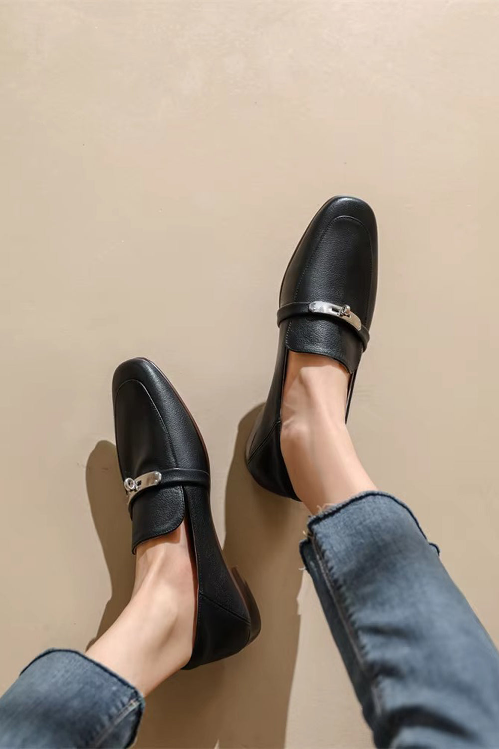 Flat Loafers with Silver Accent Strap - Black