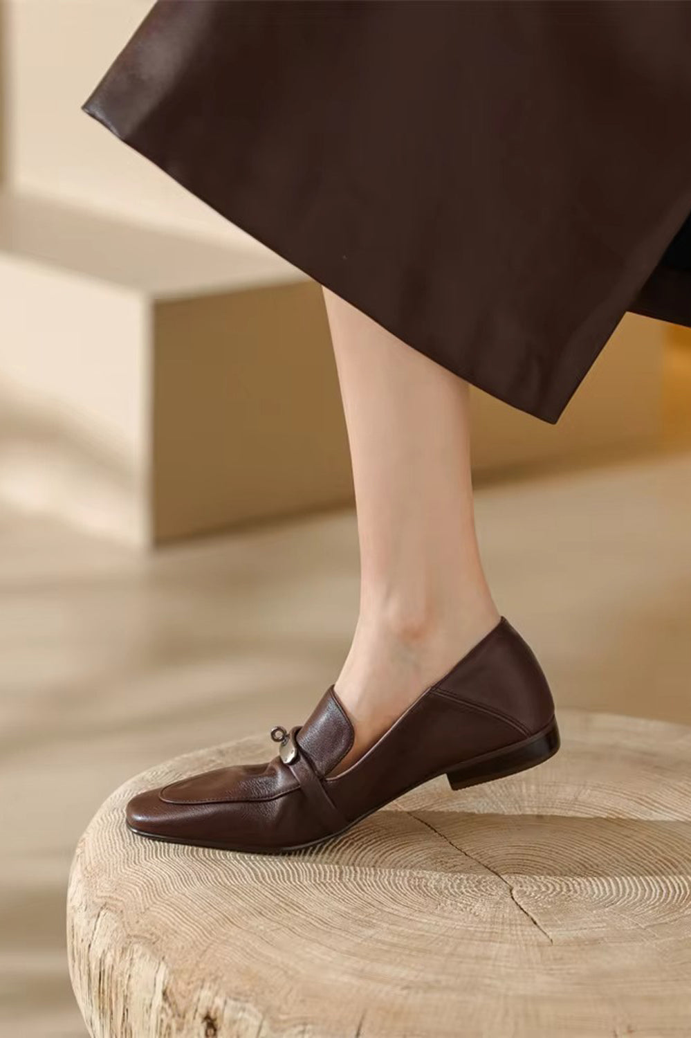 Flat Loafers with Silver Accent Strap - Brown