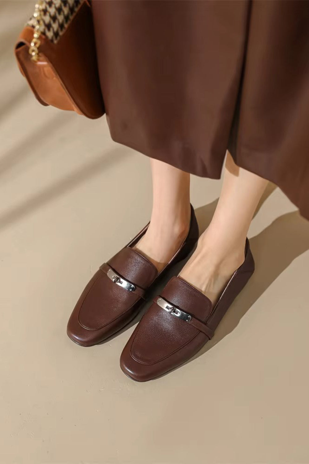 Flat Loafers with Silver Accent Strap - Brown