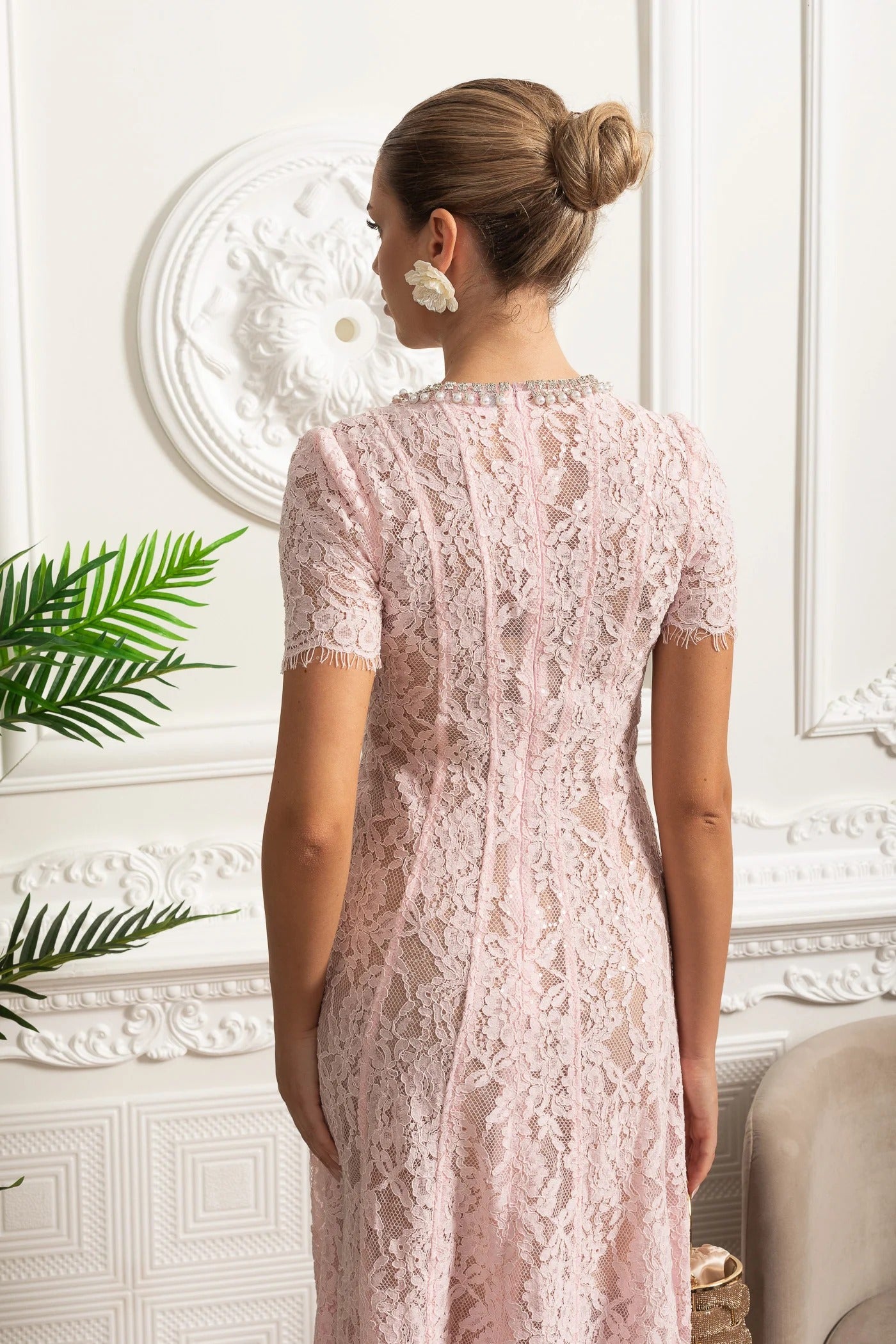 Embellished Lace Midi Dress With Sheer Sleeves - Pink