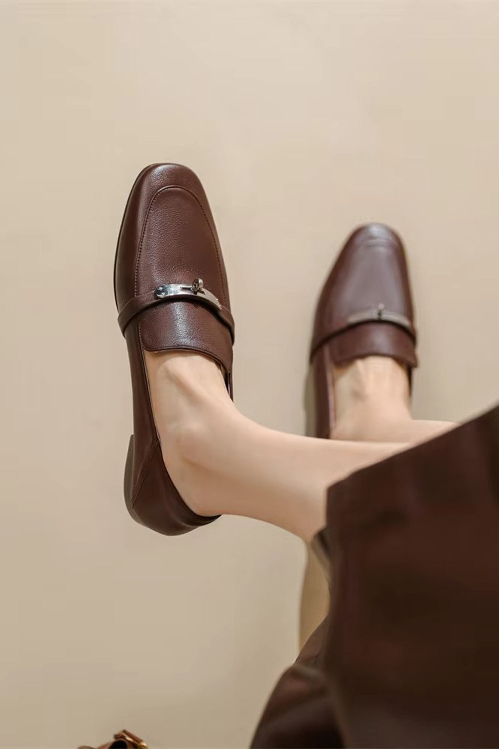 Flat Loafers with Silver Accent Strap - Brown