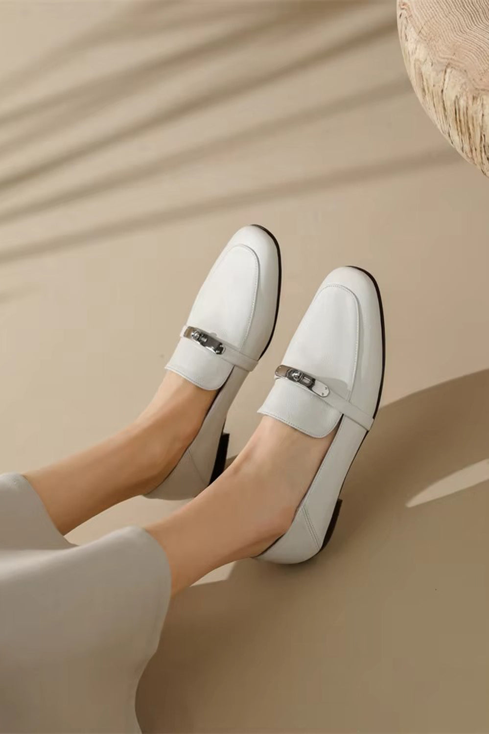 Flat Loafers with Silver Accent Strap - Beige
