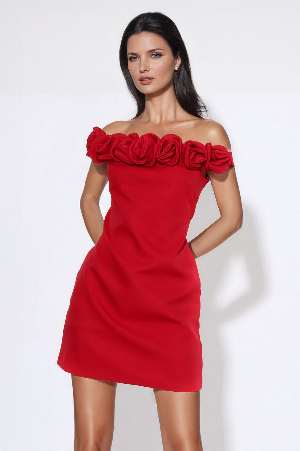 Off-Shoulder Mini Dress with 3D Floral Detailing - Red