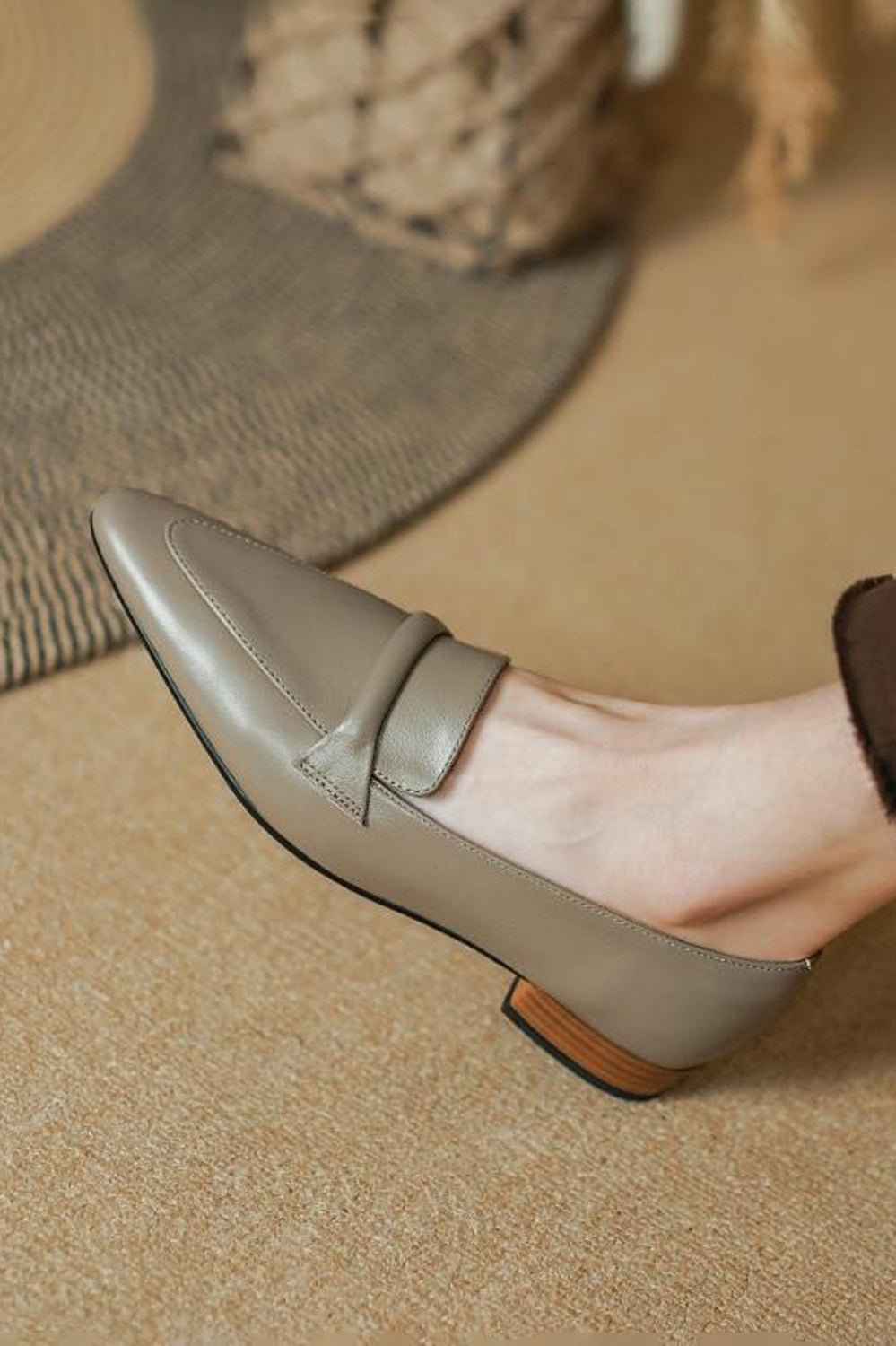 Flat Loafers with Wide Strap Detail - Beige