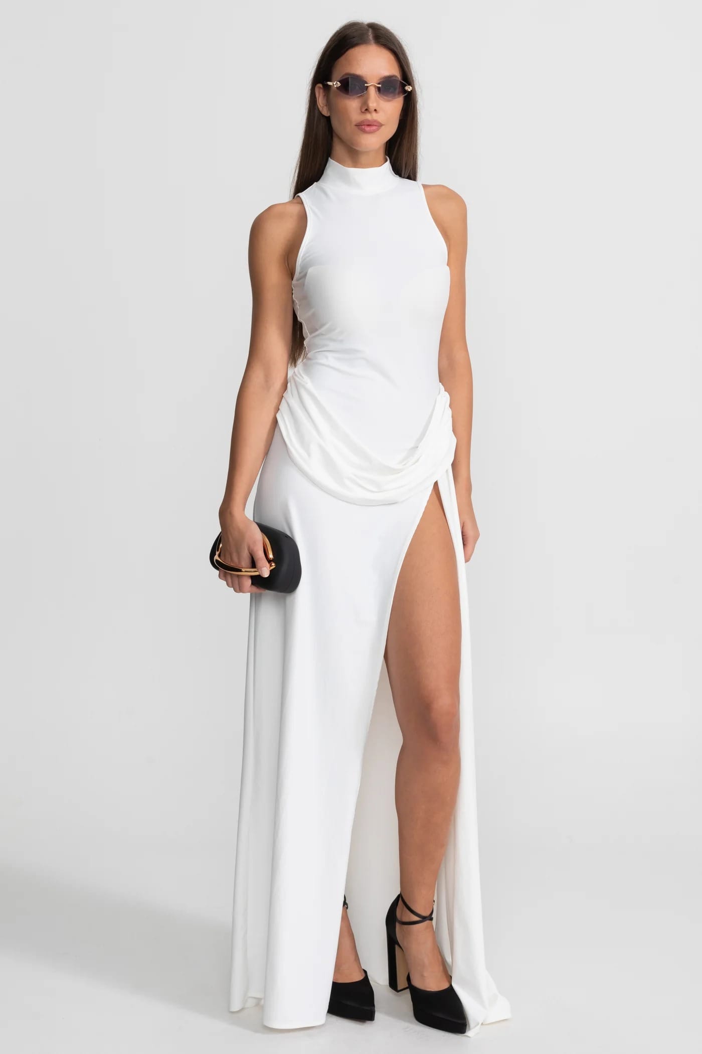Sleeveless High Neck Draped Maxi Dress - White