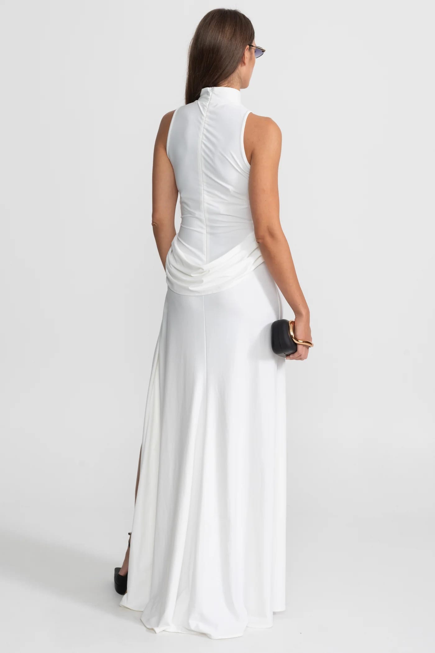 Sleeveless High Neck Draped Maxi Dress - White