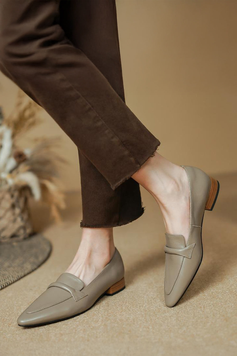 Flat Loafers with Wide Strap Detail - Beige