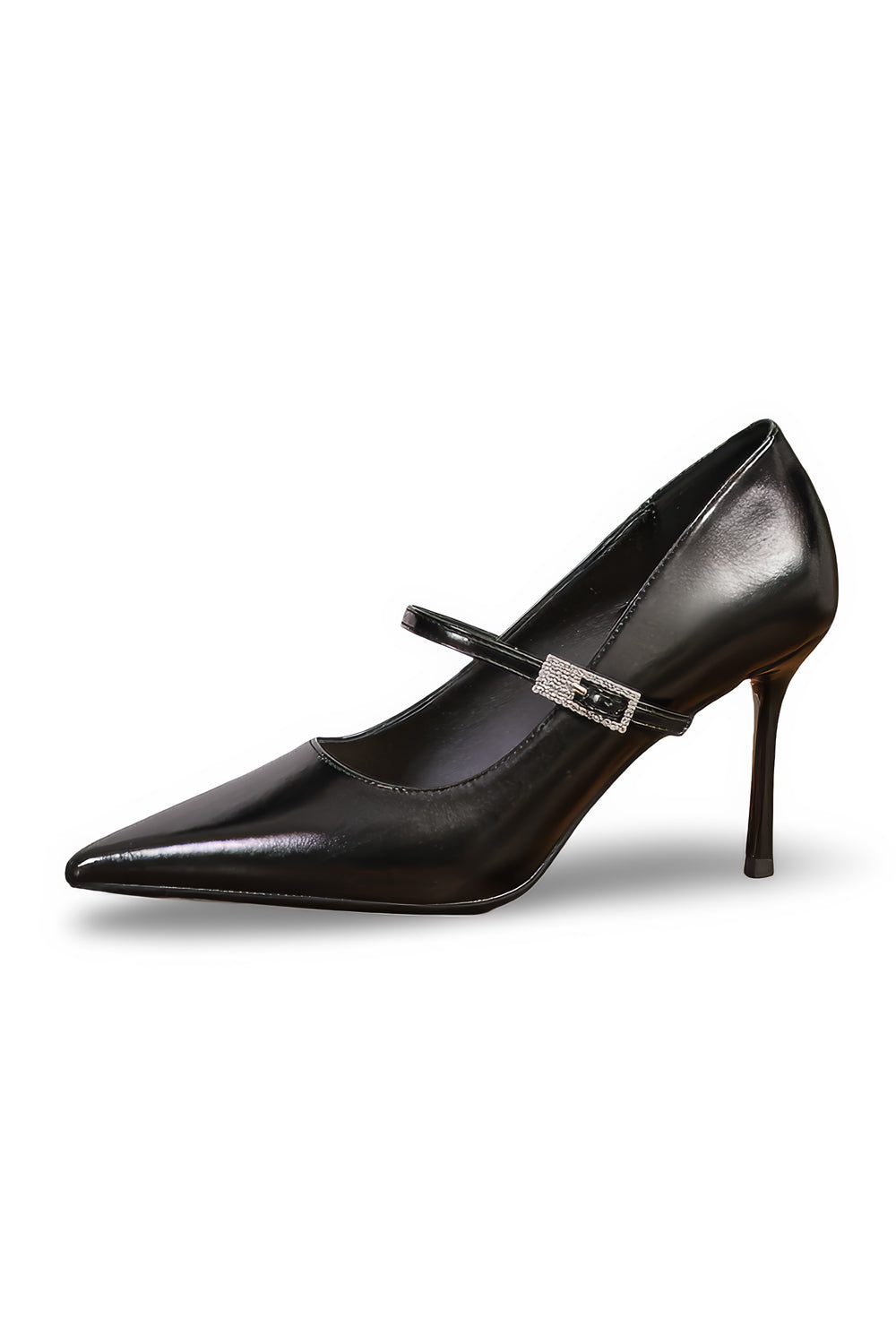 Pointed Toe Stiletto Heels with Strap Detail - Black