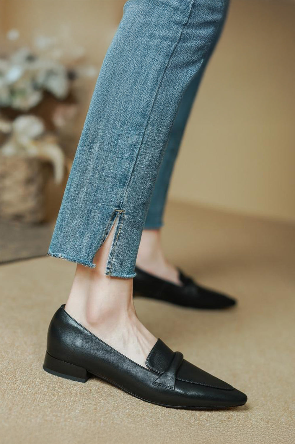 Flat Loafers with Wide Strap Detail - Black