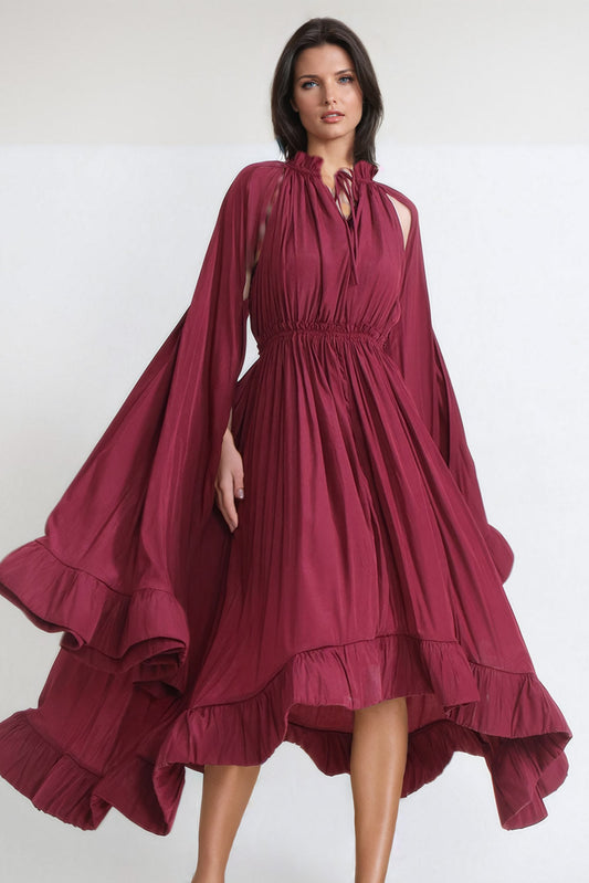 Cape-Style Long Sleeve Pleated Maxi Dress - Burgundy