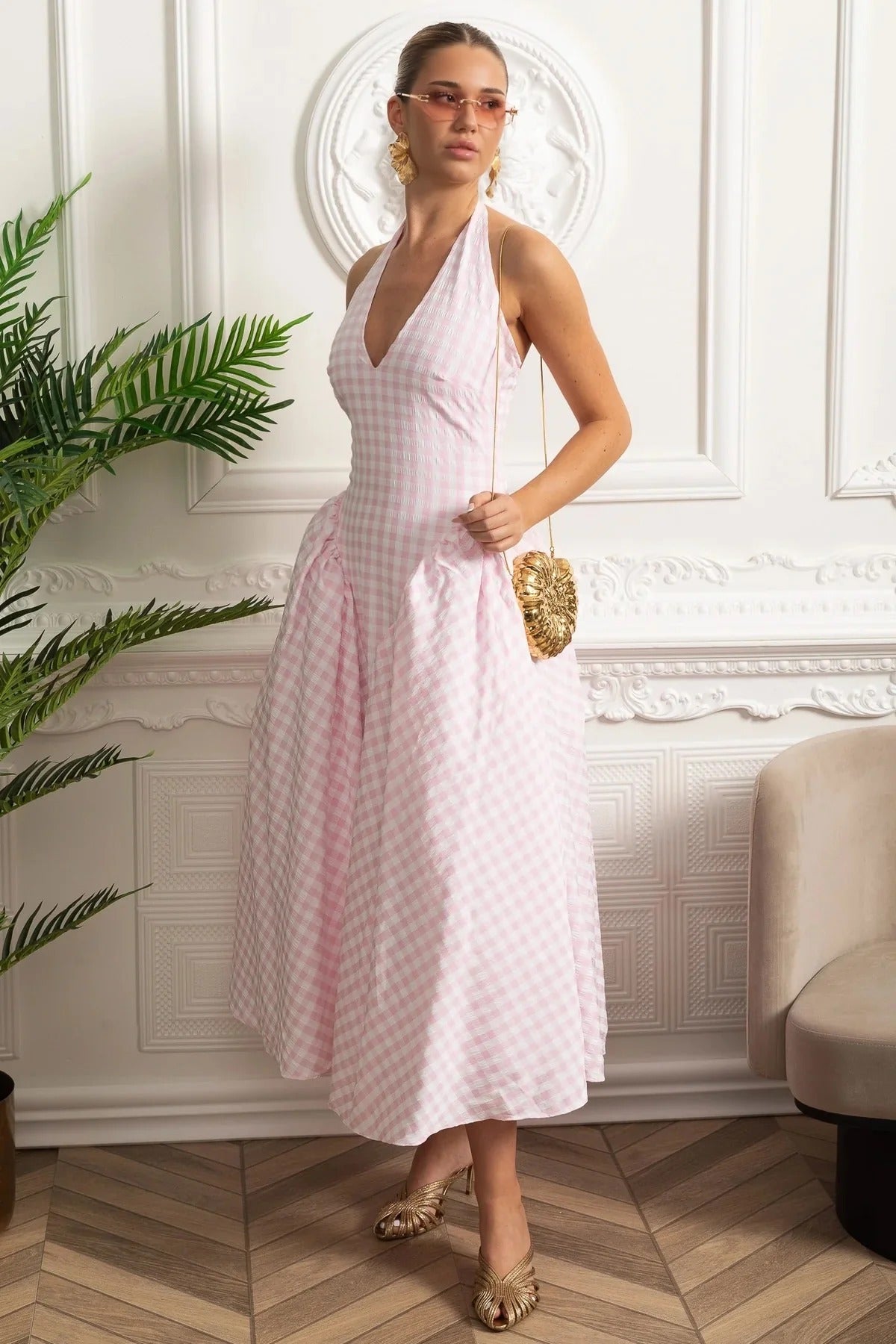 Gingham Halter Midi Dress With Full Skirt - Pink