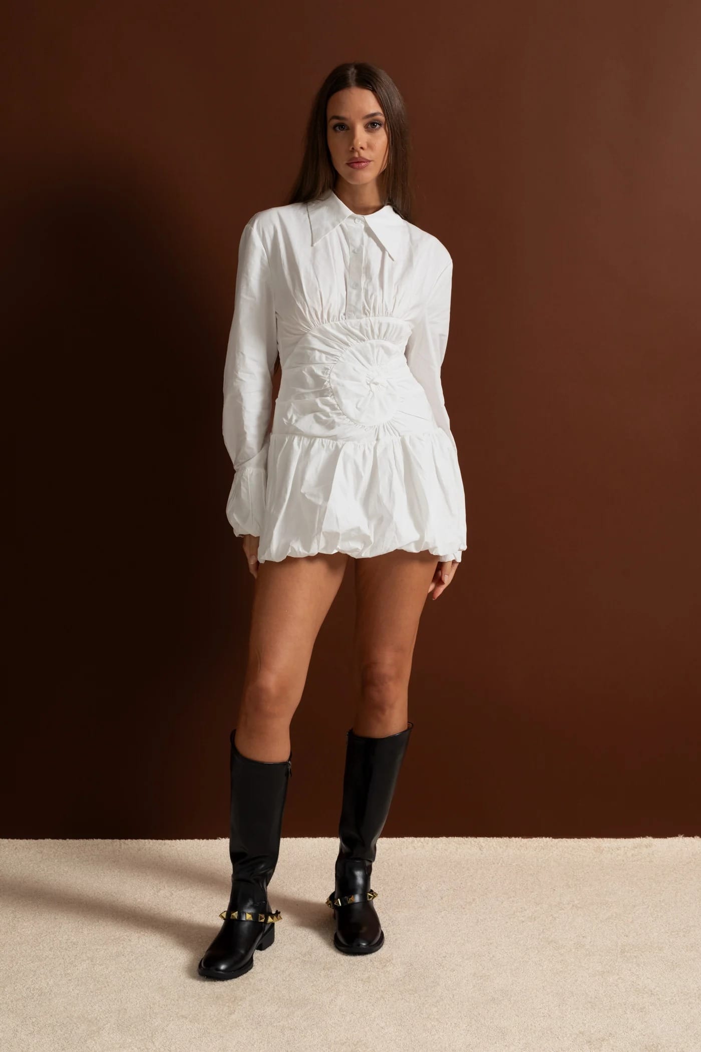 Long Sleeve Collared Mini Dress with Gathered Front and Bubble Hem - White