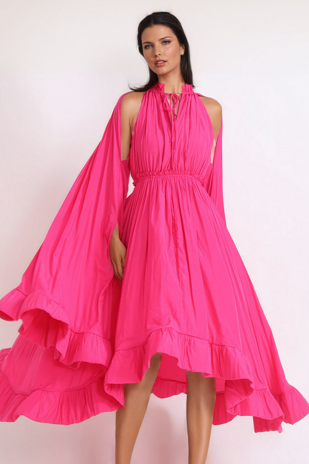 Cape-Style Long Sleeve Pleated Maxi Dress - Pink