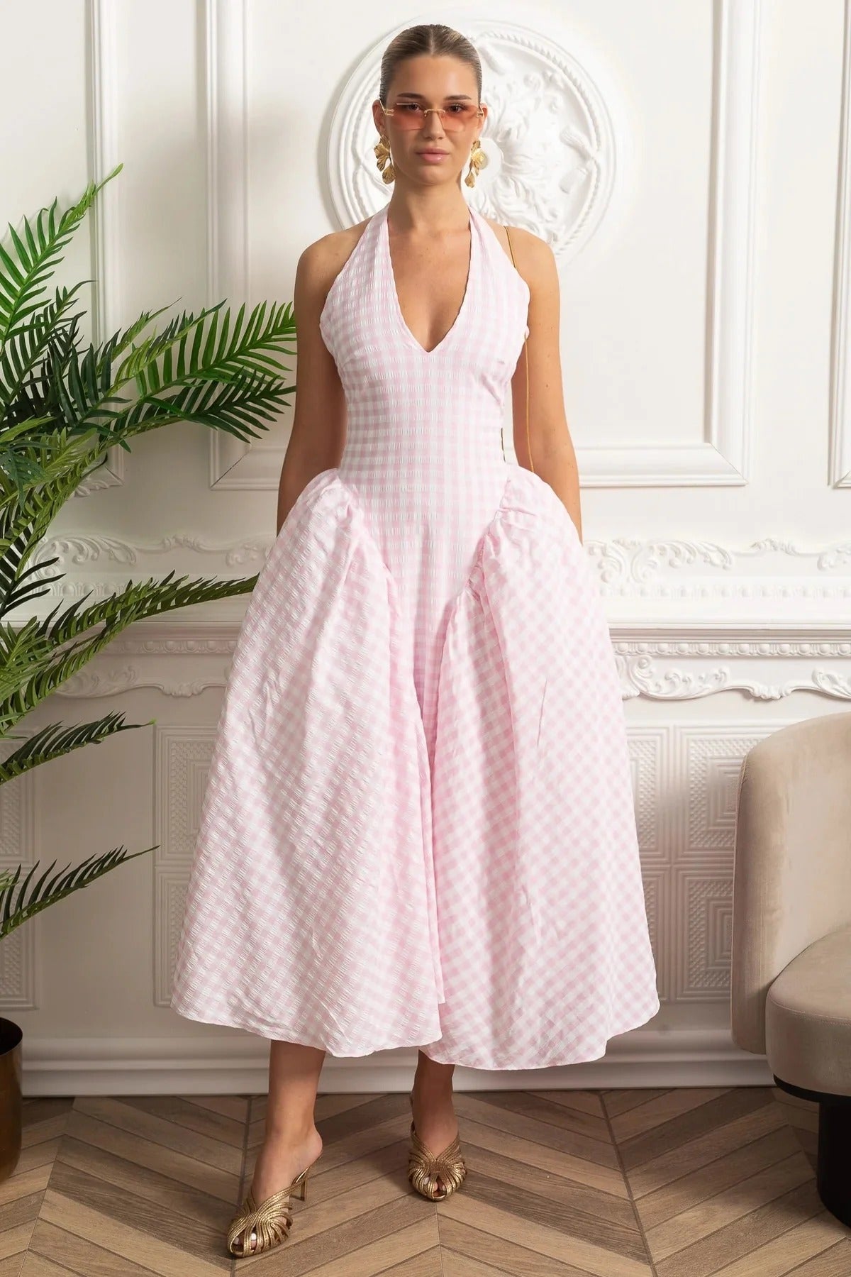 Gingham Halter Midi Dress With Full Skirt - Pink