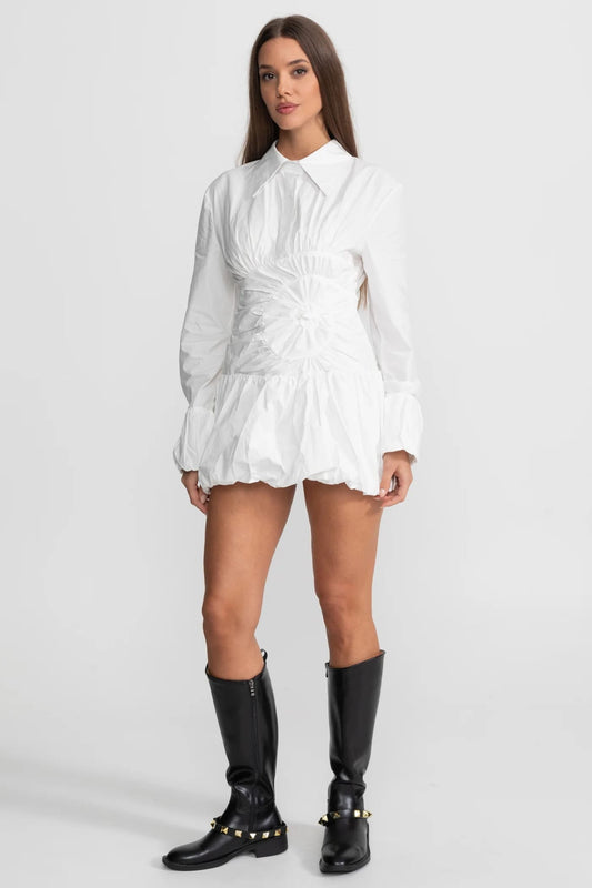 Long Sleeve Collared Mini Dress with Gathered Front and Bubble Hem - White