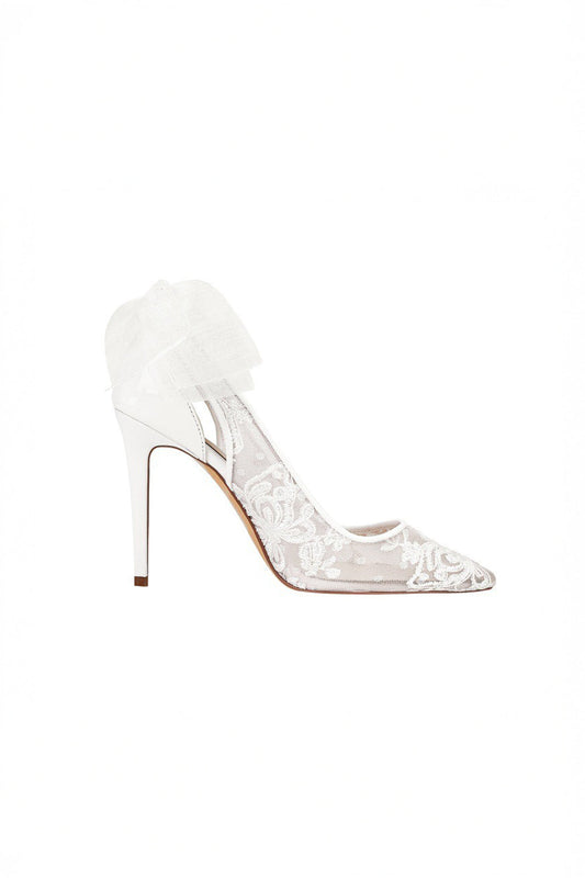 Pointed Toe Heels with Mesh Panel and Oversized Bow - White