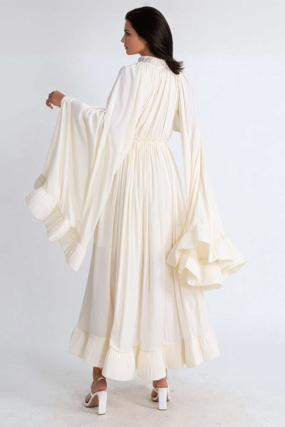 Cape-Style Long Sleeve Pleated Maxi Dress - White