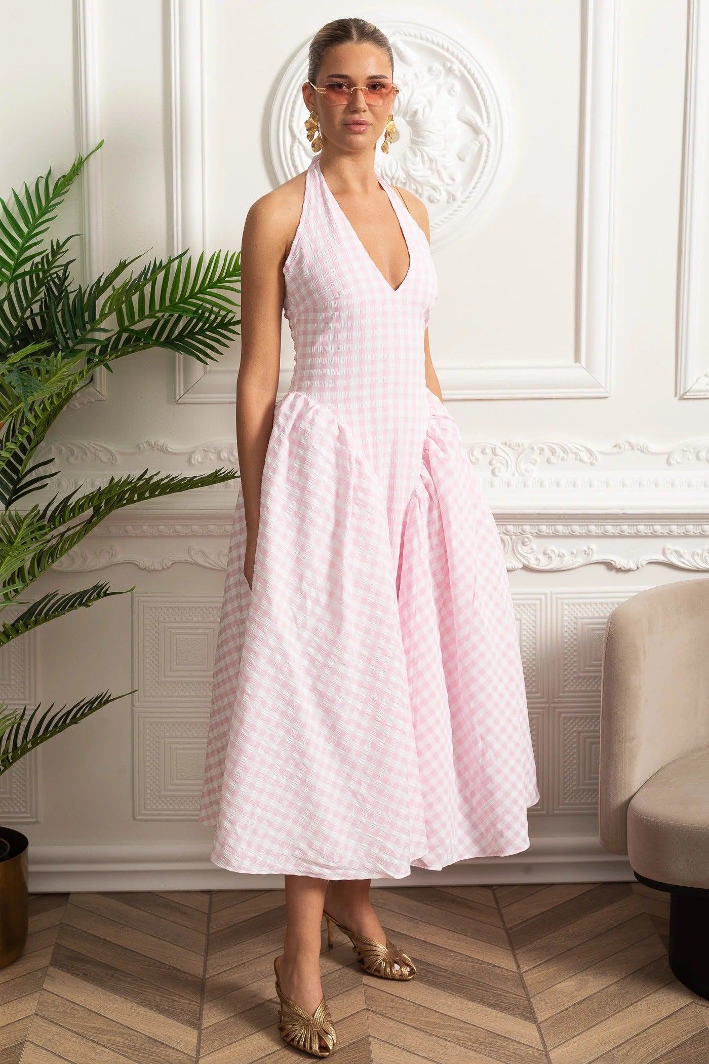 Gingham Halter Midi Dress With Full Skirt - Pink