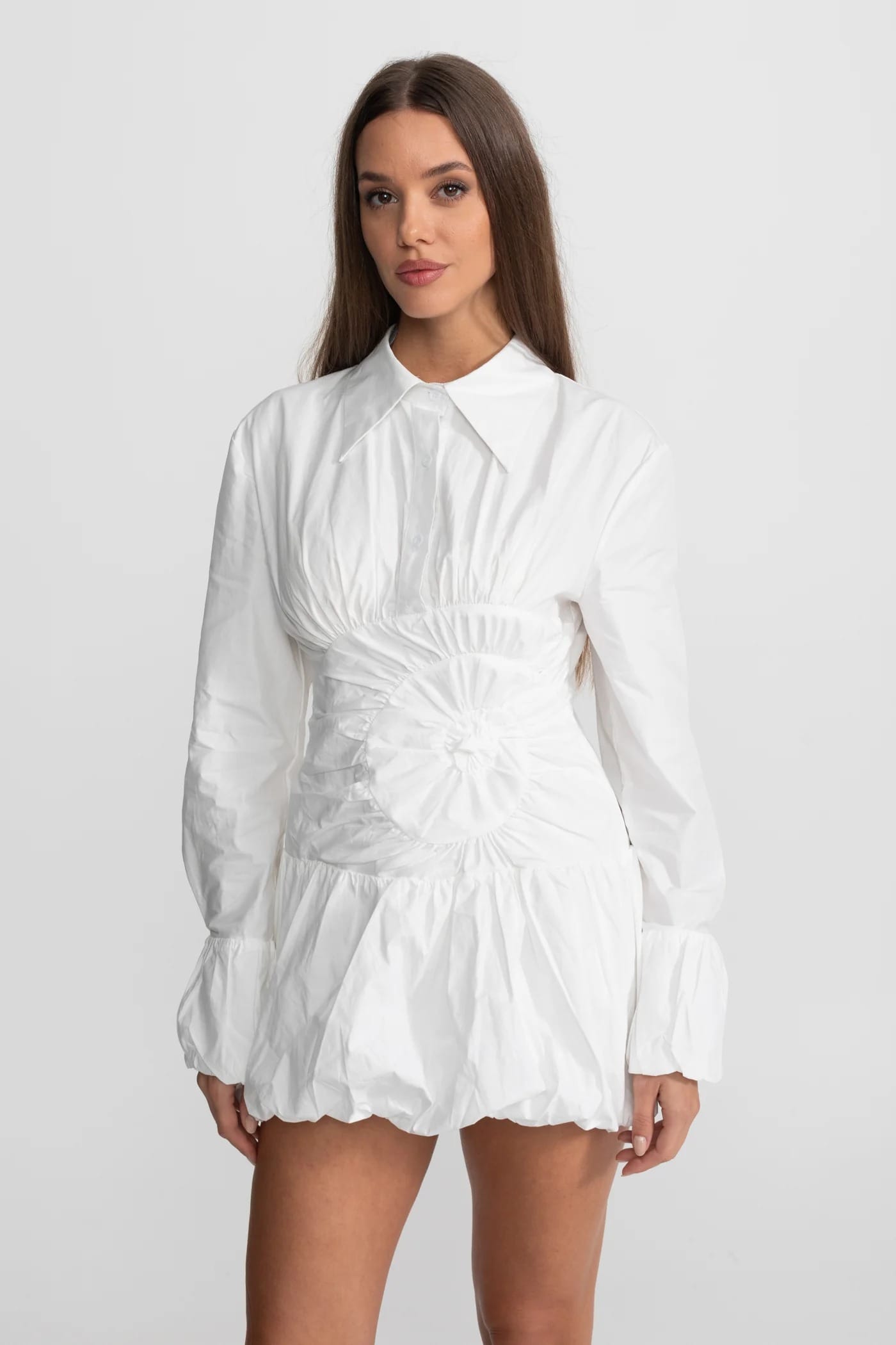 Long Sleeve Collared Mini Dress with Gathered Front and Bubble Hem - White