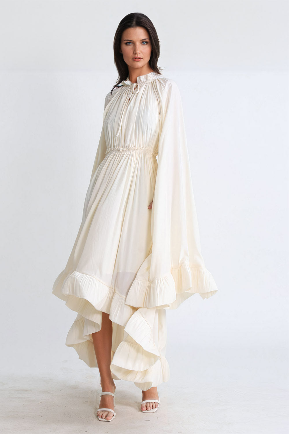 Cape-Style Long Sleeve Pleated Maxi Dress - White