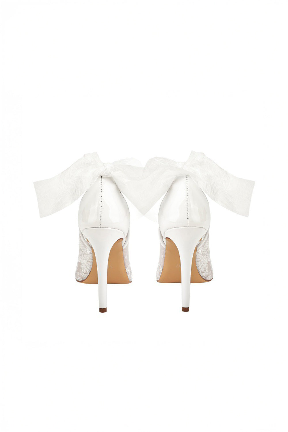 Pointed Toe Heels with Mesh Panel and Oversized Bow - White